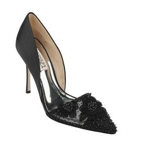 Badgley Mischka Ophelia Black Satin Mesh pumps with floral beading. Size 8. EUC
